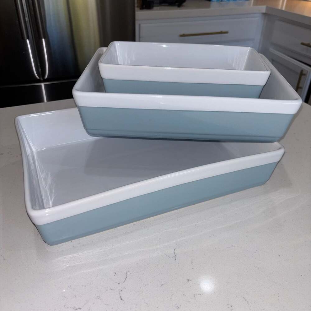 Martha Stewart 3 Piece Stoneware Baker Set Dusty Blue EXCELLENT
